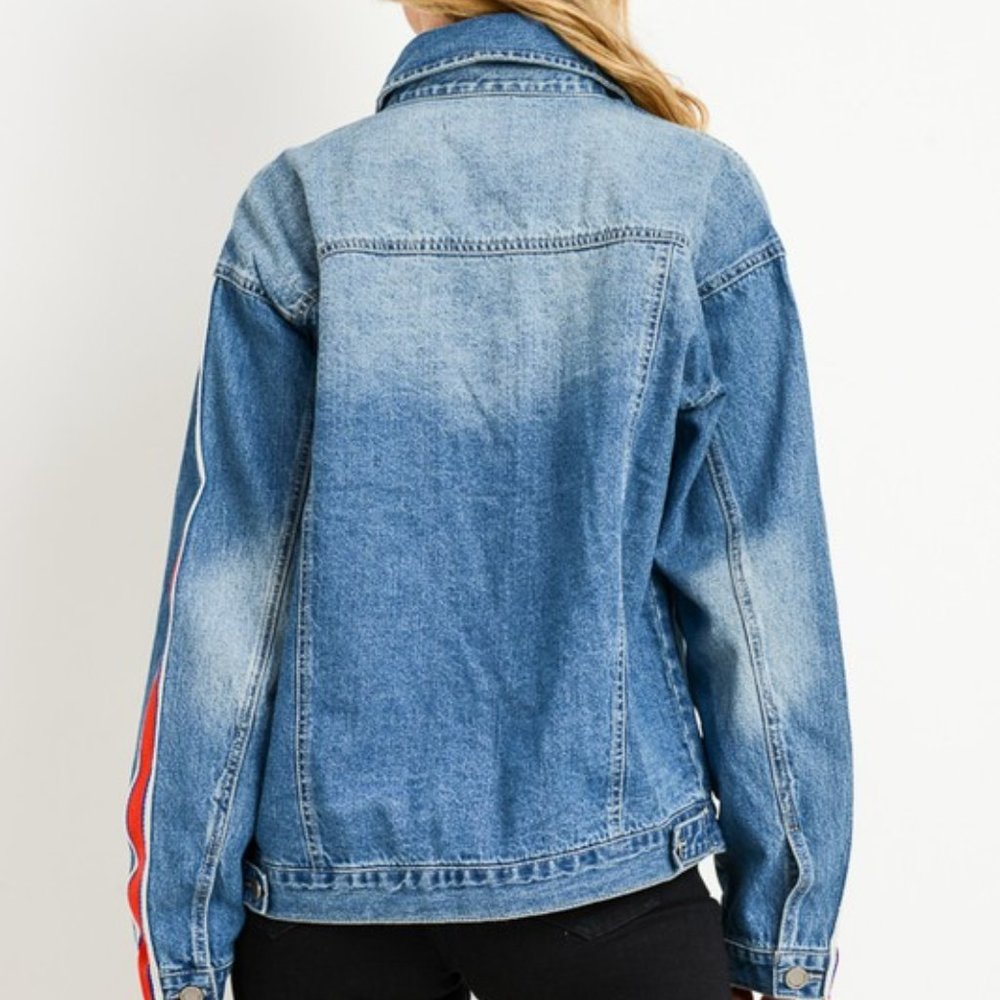 Stripe Sleeve Taped Detail Over-sized Jean Jacket - Picture 2 of 7